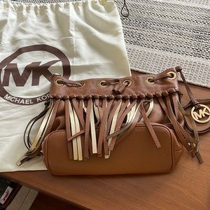 Michael Kors handbag, brown, gold fringe, boho style, crossbody strap.